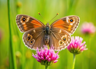 Fototapeta premium Delicate Ringlet butterfly with brown and orange wings perches on a soft pink flower in a lush green meadow in Zurich, Switzerland's serene natural surroundings.