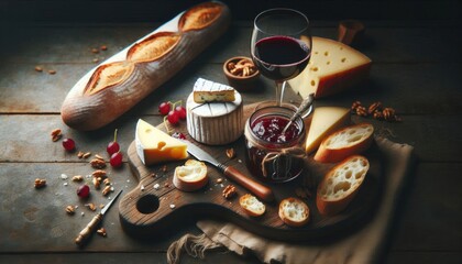 A rustic wooden board with cheese wedges, jar of red jam, baguette slices, red wine glass, simple geometric rendering, depth of field, moody lighting