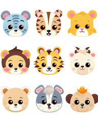 Obraz premium A colorful collection of adorable animal face illustrations, perfect for children's design and educational materials.