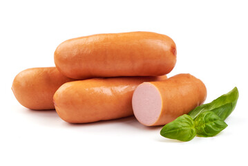 Boiled sausages, close-up, isolated on white background.