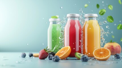 Refreshing Fruit Juice Bottles with Splashing Water and Fresh Fruit: Vibrant and delicious fruit juices in glass bottles, with splashes of water and fresh fruit, create a refreshing and inviting image