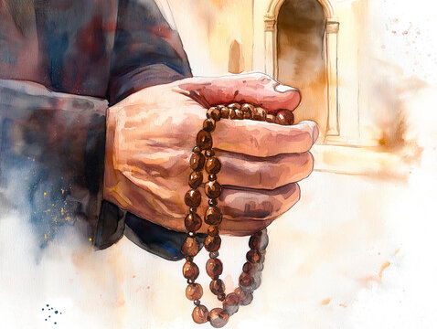 Watercolor Close-Up of Devout Hands Praying with Rosary Beads on a White Background