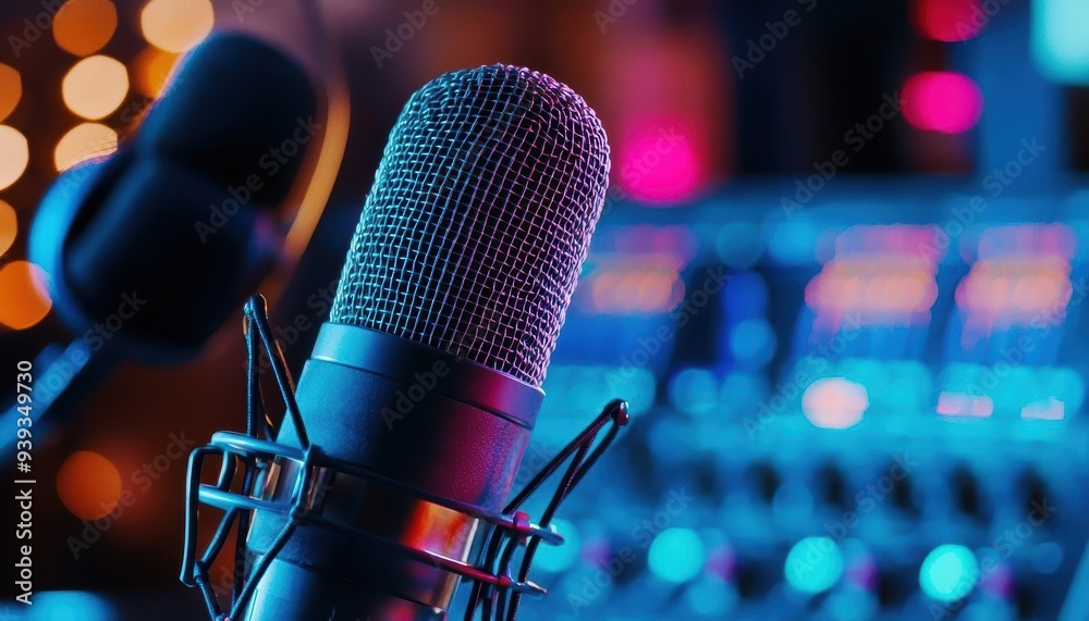 Wall mural close-up of a microphone in a recording studio with a soundboard in the background.