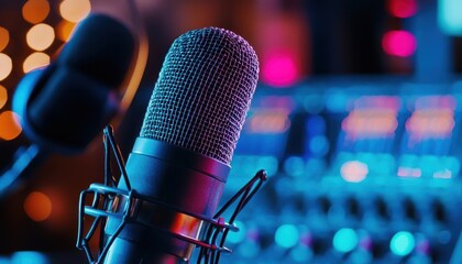 Close-up of a microphone in a recording studio with a soundboard in the background.