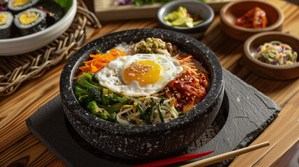 Korean bibimbap, with rice, saut&eacute;ed vegetables, and a fried egg, served in a hot stone bowl, with assorted banchan (side dishes) on a wooden table