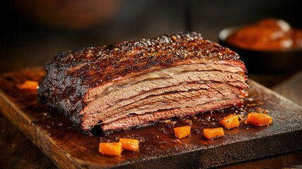 Juicy brisket slice with a smoky crust, studio setting, rich textures highlighted, appetizing and savory