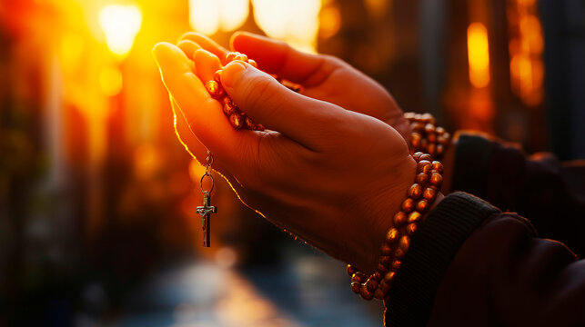Hands Holding a Rosary Against a Sunset Background Symbolizing Peace and Prayerful Reflection