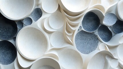 37. Abstract 3D geometric forms with a backdrop of textured circular ceramic tiles
