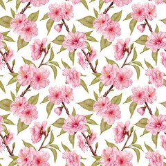 Seamless pattern with watercolor sakura flowers in realistic style on a white background