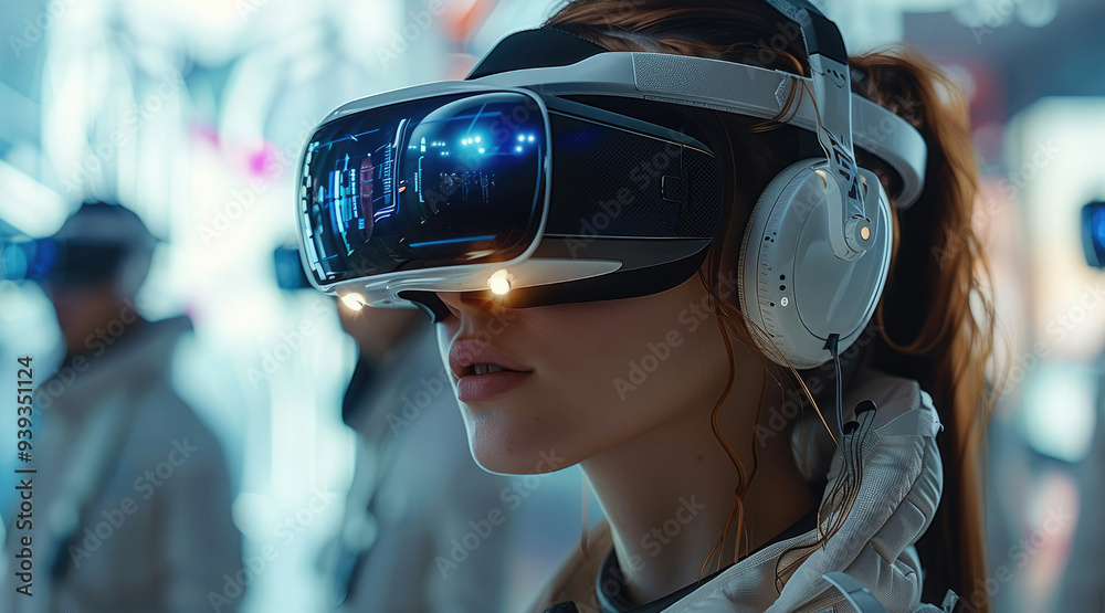 Aufkleber people wearing vr glasses in the background is a futuristic scene full of technology. generative ai.