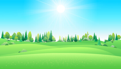 Panorama view with green mountain landscape and blue sky with cloud. 
