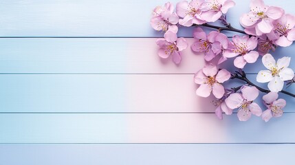 Pink Spring Flowers on Light Blue Wooden Background.