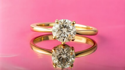 A Gold Ring with a Large Diamond on a Pink Background