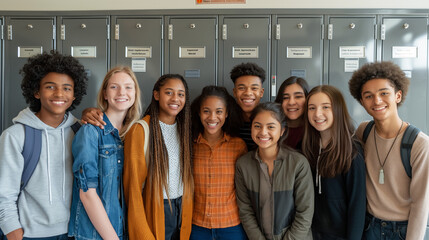 A diverse group of high school students standing in front of lockers. Multicultural, diverse children, open education, international school.