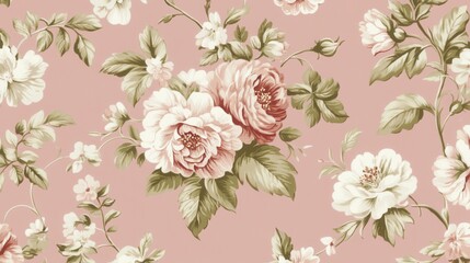 Floral pattern featuring roses and leaves on a soft pink background.