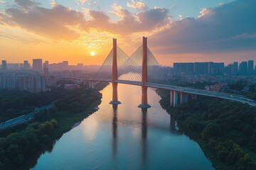 Obraz premium Landscape view of bridge across the river with cityscape view, Aerial view golden gate bridge among two island, Massive bridge across the river with sunset view.