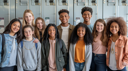 Fototapeta premium A diverse group of high school students standing in front of lockers. Multicultural, diverse children, open education, international school.