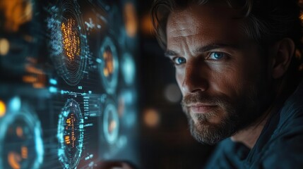 businessman analyzing holographic data projections futuristic interface displays graphs and charts illuminating focused expression in dimly lit office setting
