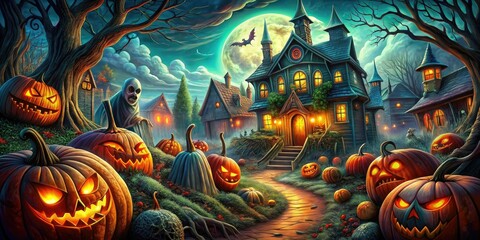 Obraz premium A spooky Halloween night featuring a haunted house surrounded by carved pumpkins, a full moon, and eerie trees in a dark landscape