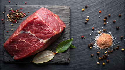 A vibrant piece of fresh beef rests on a dark slate board, complemented by a selection of colorful spices and coarse salt nearby, highlighting culinary preparation atmosphere