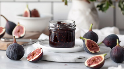 a jar of fig jam, elegantly placed on a white plate with fresh figs and a cheese knife, set on a modern, clean kitchen counter