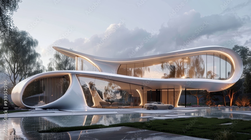 Poster This image showcases a futuristic white house characterized by curving lines and expansive glass windows, set in a tranquil outdoor scene.