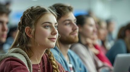 Obraz premium A group of college students attending a lecture in a classroom