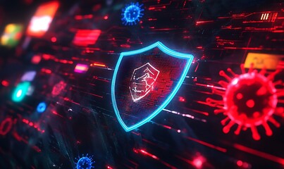 Stylized 3D Shield Surrounded by Data Streams and Virus Symbols, Cybersecurity