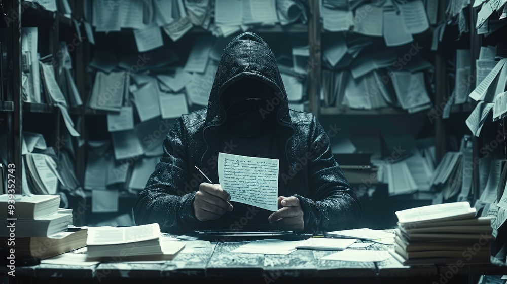 Poster A hacker with a black hoodie sitting on a desk on his computer, in his hands a list witch passwords written on them, on the desk and behind him huge piles of paper and books. Generative AI.