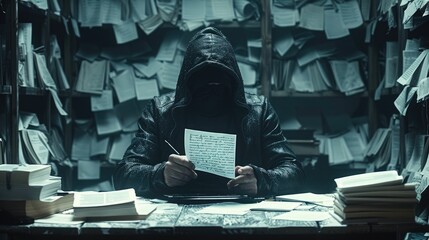 A hacker with a black hoodie sitting on a desk on his computer, in his hands a list witch passwords written on them, on the desk and behind him huge piles of paper and books. Generative AI.