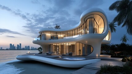 Modern, futuristic beachfront villa at dusk with elegant architecture, large windows, and city skyline in the background.