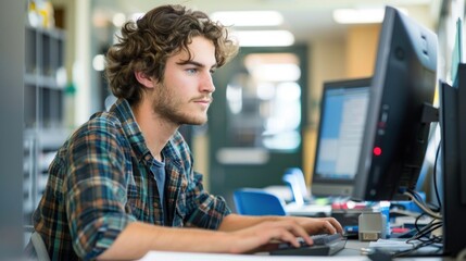 A community college student working on a computer in the lab