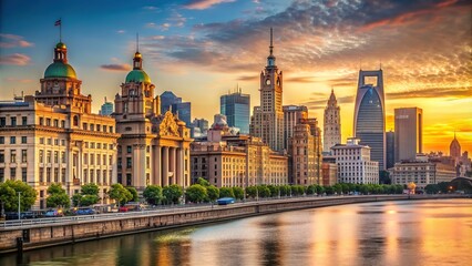 Fototapeta premium Historic buildings line the Huangpu River as daytime sun casts a warm glow on the vibrant, bustling streets of Shanghai's iconic Bund district.