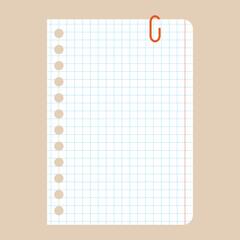 Empty page from notebook. White blank of office paper. Template for notice. Cartoon vector illustration of school supplies, office supplies. Flat Design. Icon, sticker, clipart. Back to School.