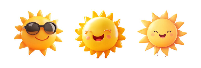 Set of cute cartoon smiling sun with sunglasses isolated on transparent background. 