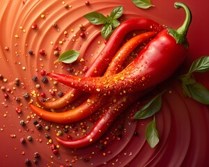 Red Hot Peppers on Swirling Red Background. A group of red hot peppers arranged in a swirling pattern on a red and orange background.