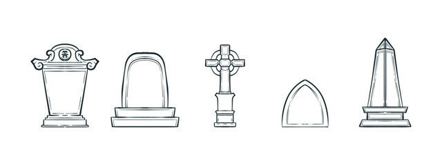 Doodle black and white line art vector illustration of Tombstone. Tombstone in Halloween event. Tombstone illustration. Halloween theme illustration