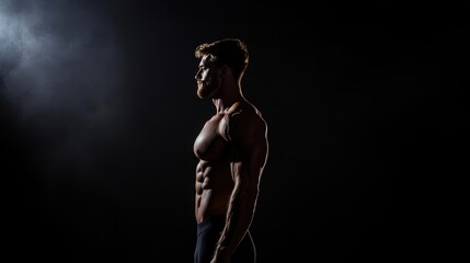 Obraz premium Muscular man with defined abs, posing in silhouette against a dark background.