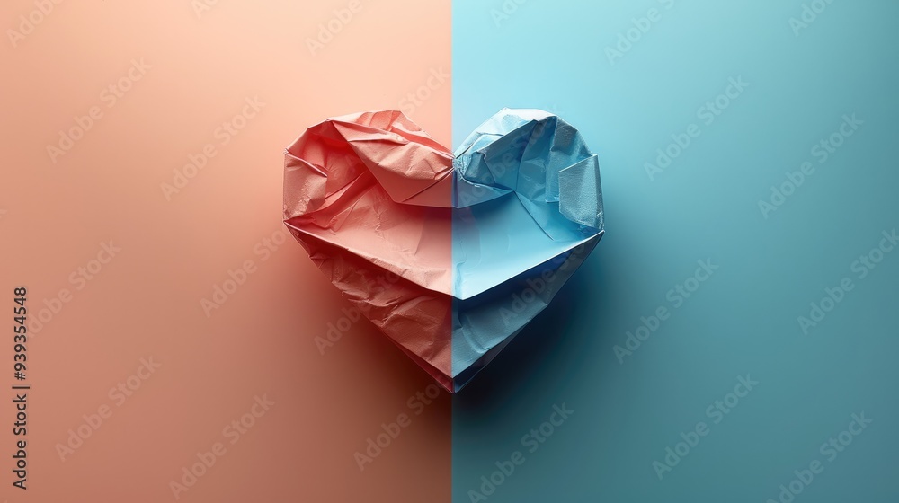 Aufkleber A minimalistic composition featuring a folded paper heart centered on a pastel-colored background. top view. Generative AI.