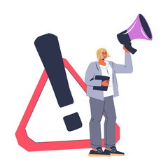 Important notification and promotion, message concept, flat vector illustration isolated on white. Woman shouting into megaphone warning about important news, SMM marketing campaign.