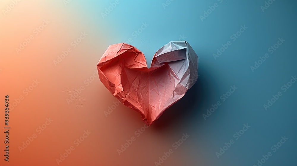 Poster A minimalistic composition featuring a folded paper heart centered on a pastel-colored background. top view. Generative AI.