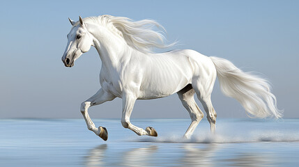 Obraz premium A majestic white horse gallops elegantly across a calm blue setting