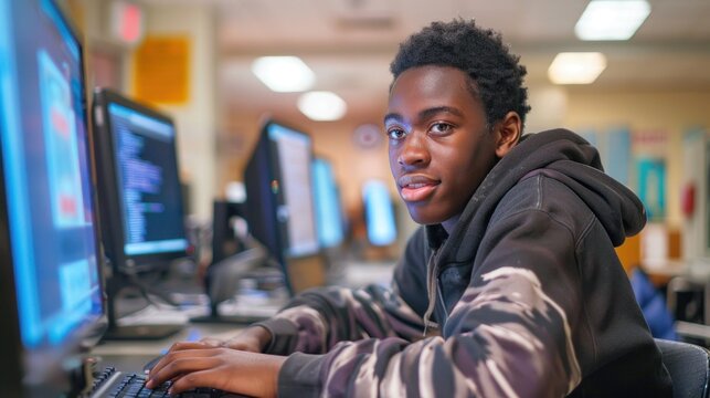 A college student using a desktop computer in the computer lab
