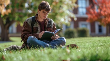Fototapeta premium A college student sitting on the grass and studying on campus