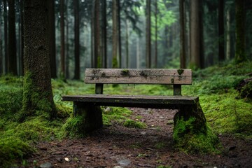 A moss-covered wooden bench sits quietly in a misty forest, inviting moments of rest and contemplation amidst the serene green landscape and towering trees.