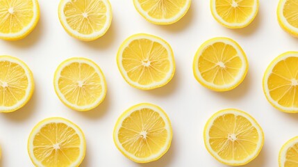 Fototapeta premium Slices of lemon arranged on a white background, showcasing vibrant yellow color.