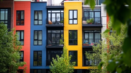 Fototapeta premium Modern colorful apartment building with blue, yellow, and red exteriors surrounded by green trees on a sunny day.