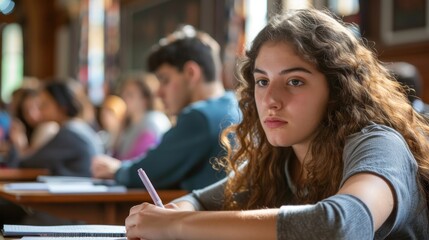 A college student taking notes during a lecture