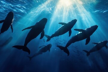 Obraz premium A lone whale swimming with its group in the deep ocean depths, illuminated by beams of light, symbolizing unity and strength within the serene marine environment.