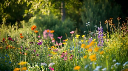 Vibrant and colorful wildflower meadow with a variety of flowers in different shapes and colors